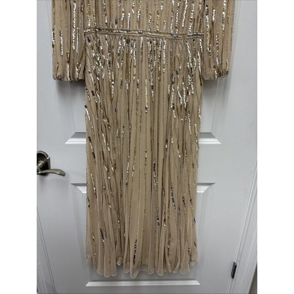 Mac Duggal Size 12 Beige 93889 Beaded Sequin High Neck Midi Cocktail Dress New - Picture 6 of 10